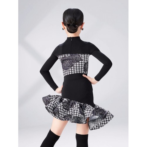 Black white rose flowers printed ballroom latin dance dresses for girls kids children modern salsa rumba cha cha ballroom stage performance skirts for girls